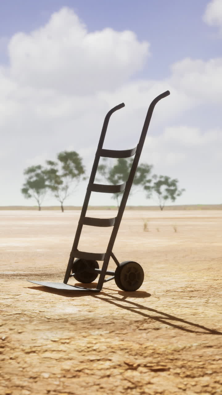Cracked earth belowa solitary hand truck rests on parched