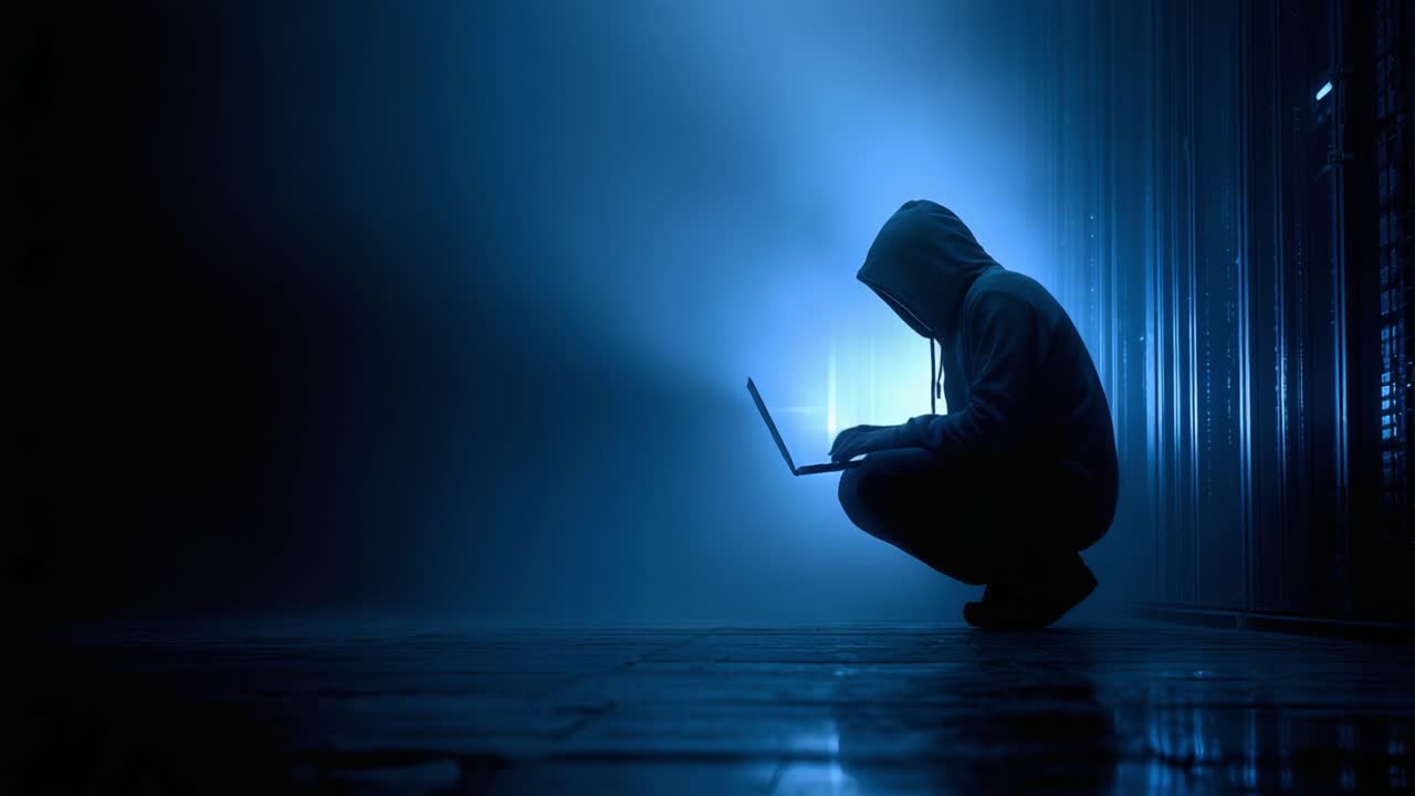A hooded figure crouches in the shadows, illuminated by a faint blue light, intensely focused on a laptop, embodying the essence of mystery and modern technology