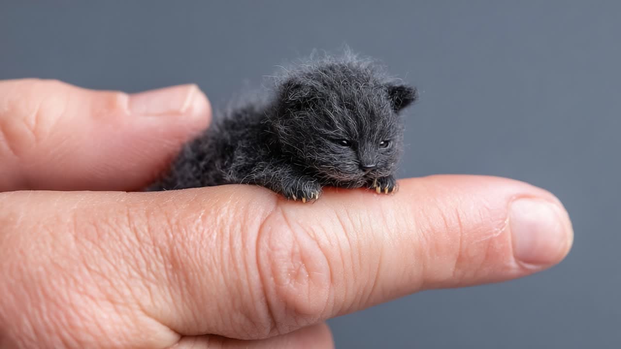 Adorable Sleeping Kitten Resting on a Person's Finger, Showcasing Its Tiny Size and Fluffy Fur in a Close-Up Frame with a Neutral Background