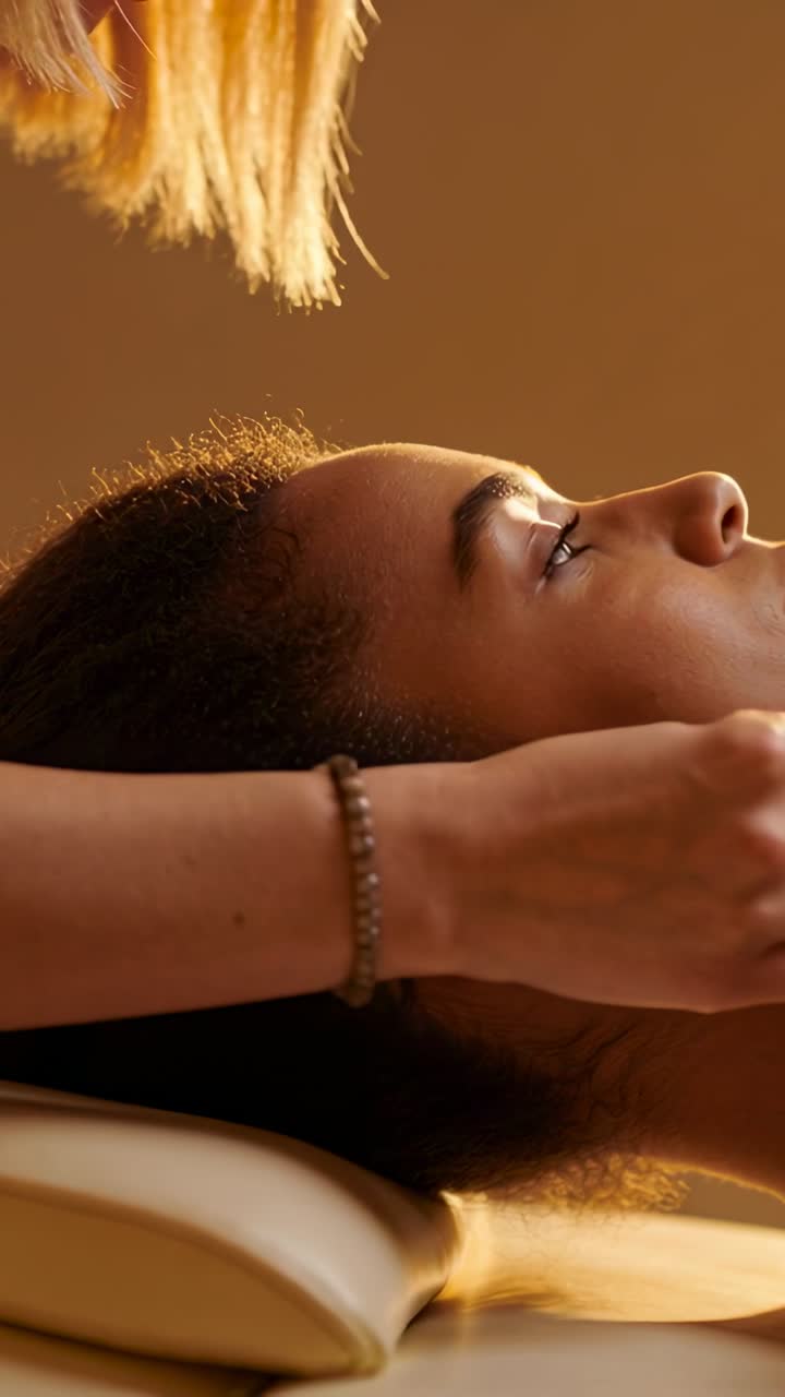 Video verticale: Una mano del terapista posiziona e massaggia il viso di una donna su un poggiatesta color crema in una spa, per rilassarsi.