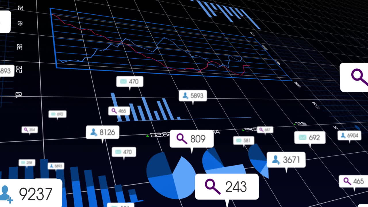 Dark 3D-rendered data dashboard showing angled wireframe grid, line charts, bar graphs, pie charts