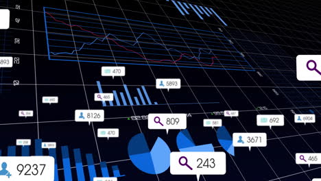 dark 3d-rendered data dashboard showing angled wireframe grid, line charts, bar graphs, pie charts