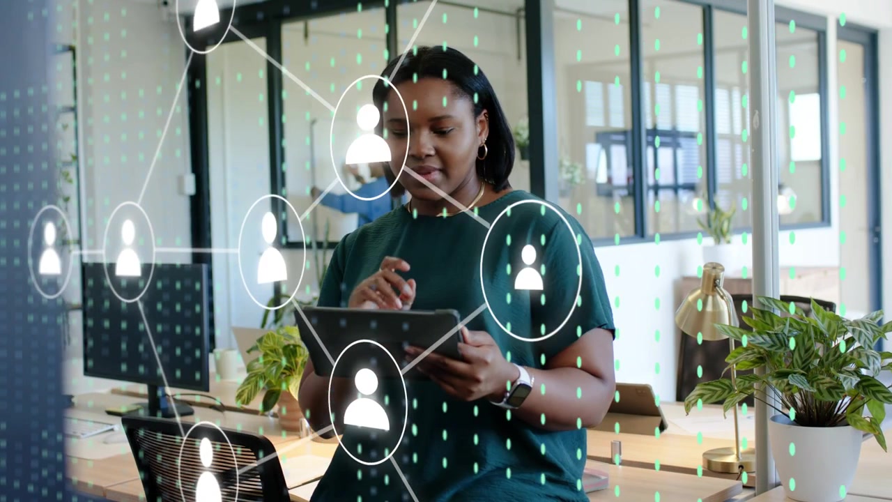 Woman tapping tablet, watching icons and data streams aligning with tablet for business