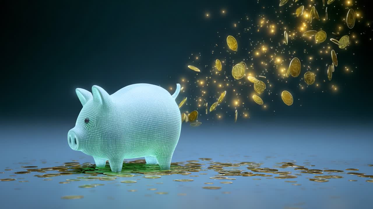 Een betoverende digitale illustratie van een gloeiende spaarpot waar glinsterende munten uit stromen, die spaargeld, vermogensopbouw en financiële voorspoed vertegenwoordigt, waardoor een magisch effect ontstaat met fonkelende lichtjes