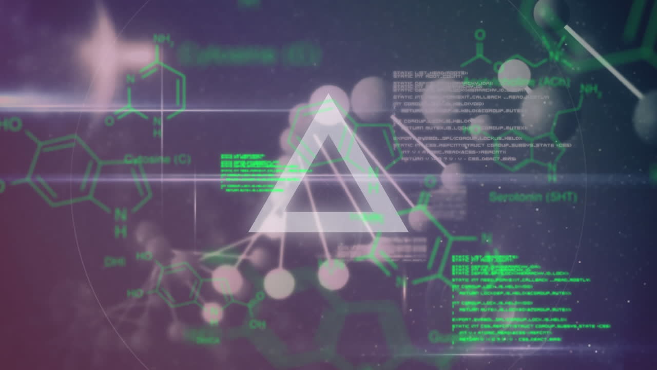 진동하는 회색 모양과 어두운 배경에 녹색 텍스트와 데이터와 함께 움직이는 dna