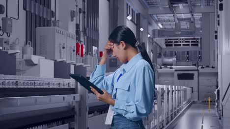 side view of asian female with her tablet at pharmaceutical factory, vaccine production facility, checking with dissapionted and nodding her shead