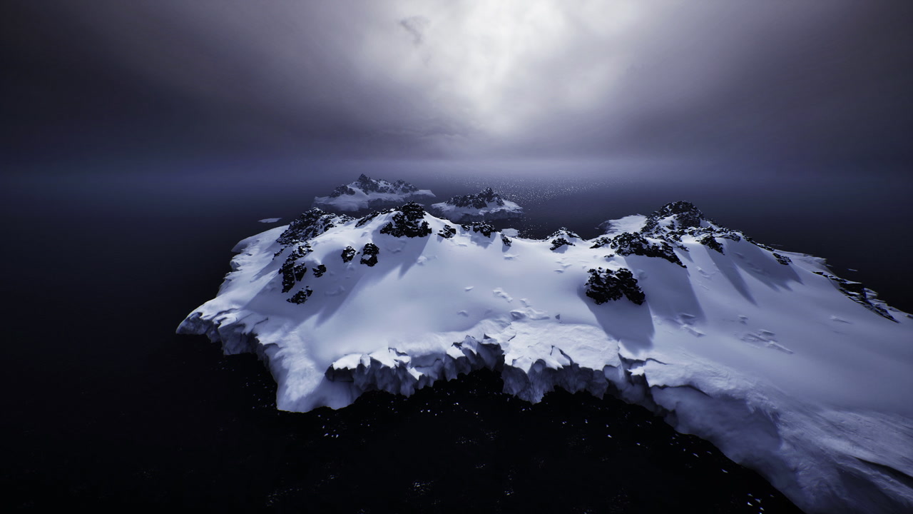 Ice formation dominates landscape amidst turbulent weather and shadowed skies