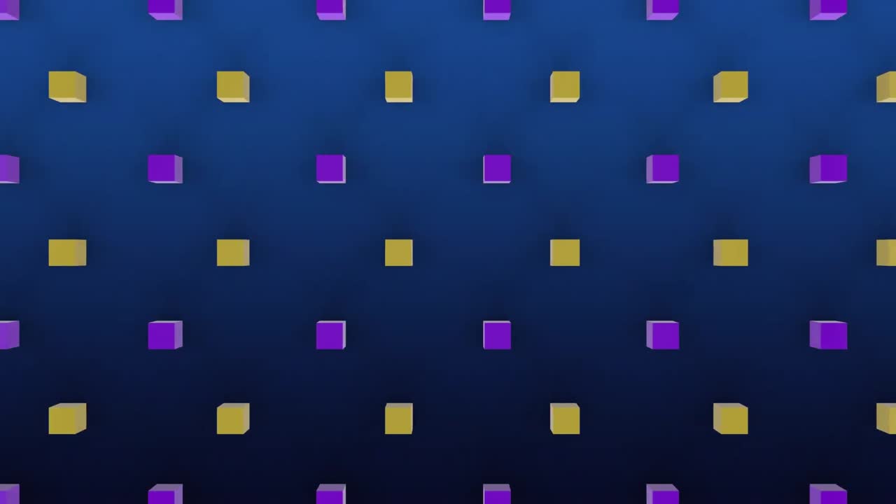 Moving 3D yellow and purple cubes on blue background