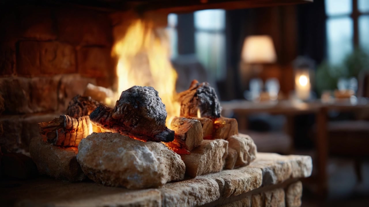 A Warm, Inviting Fireplace with Glowing Flames and Comfortable Ambiance Set in a Cozy Indoor Space Perfect for Relaxation and Gatherings