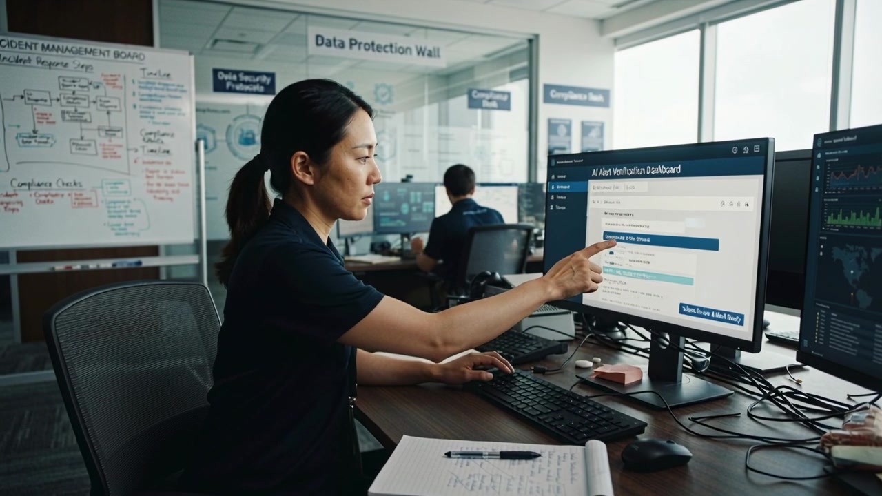 Gennemgår indkommende alarm, asiatisk analytiker i polo ved Data Wall peger på AI-panel, taster og verificerer