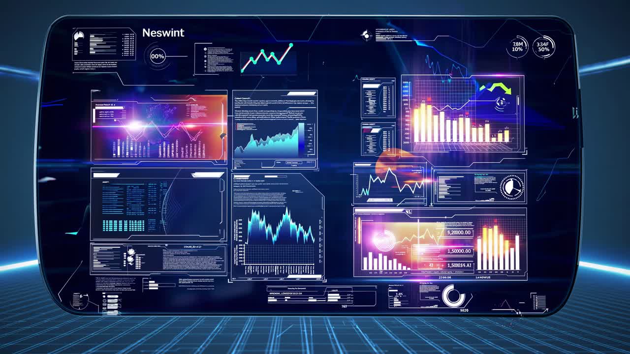 Futuristic video interface with holographic charts and graphs