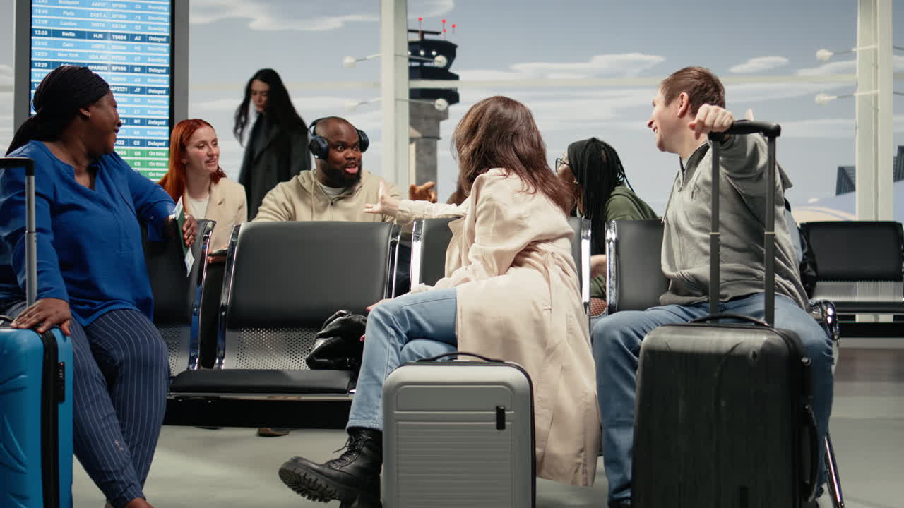 Amigos relajados en el aeropuerto riendo durante un viaje internacional de vacaciones