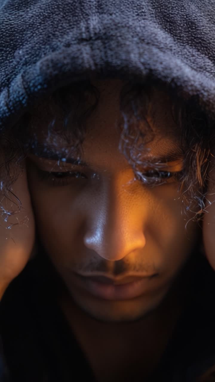 A contemplative figure wearing a hooded garment, reflecting deep thoughts or emotions, captured in intimate close-up from the video frames showcasing vulnerability and introspection