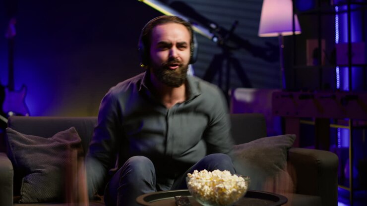 Uomo incredulo dopo aver perso giocando ai videogiochi, con il 'game over'.