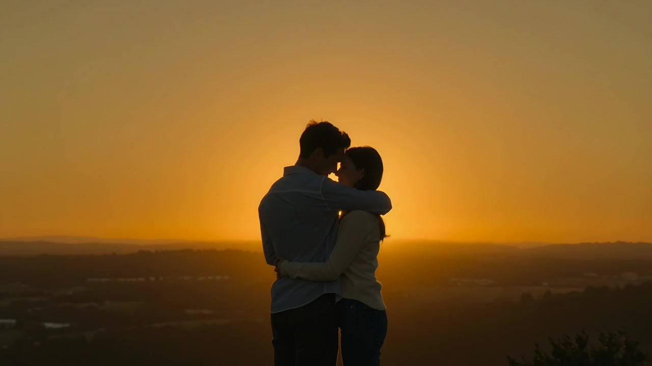 Coppia che si abbraccia stringendo l'abbraccio su un belvedere in cima a una collina con il sole che tramonta, indossando camicia e maglione.