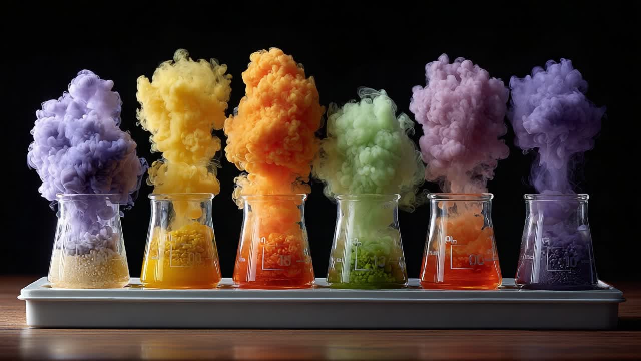 A Vibrant Display of Colorful Chemical Reactions: Dynamic Smoke Clouds Emanating from Beakers Filled with Colorful Substances, Showcasing the Fascination of Science Experiments