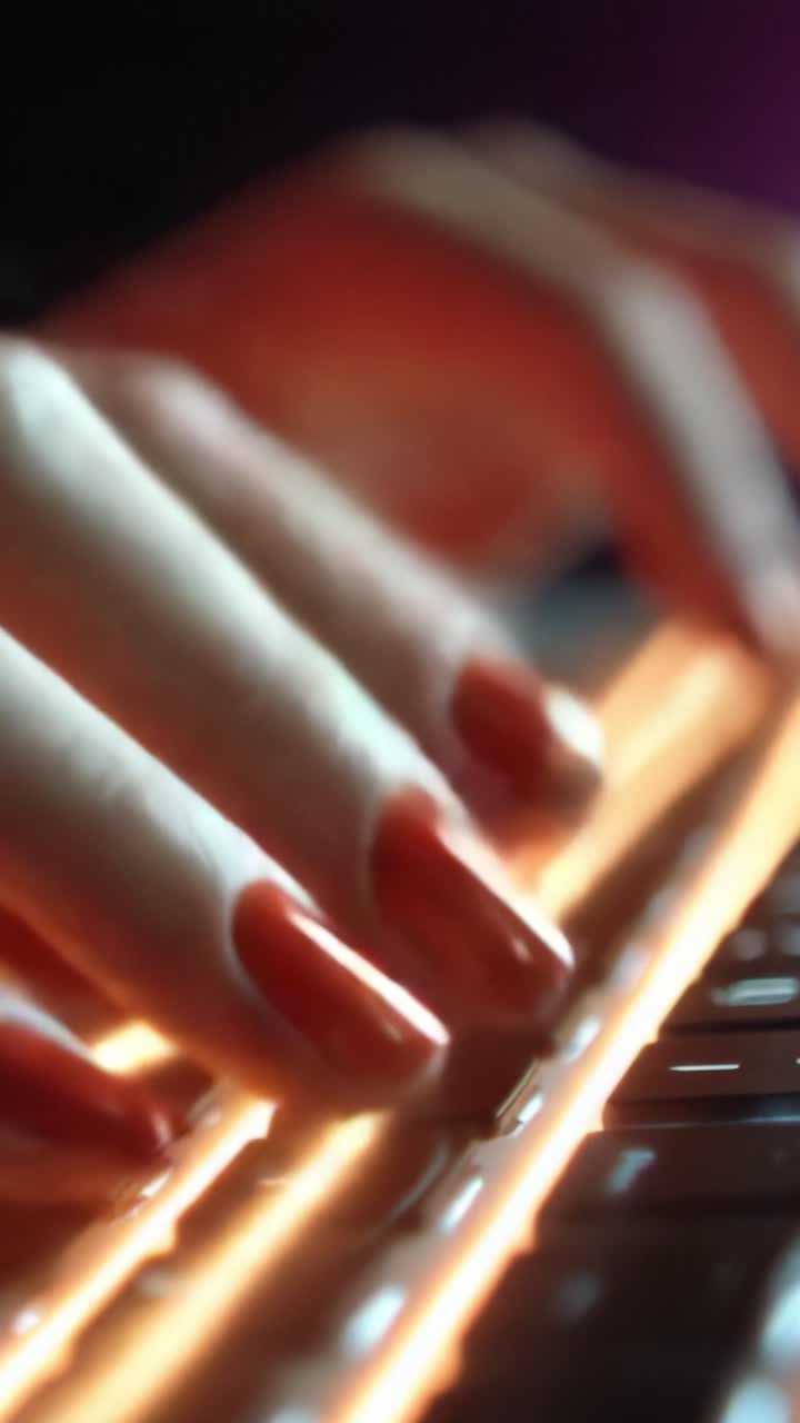 Primo piano su mani elegantemente curate che digitano su una tastiera retroilluminata, mettendo in mostra smalto rosso brillante e linee luminose di luce in un'ambientazione artistica.