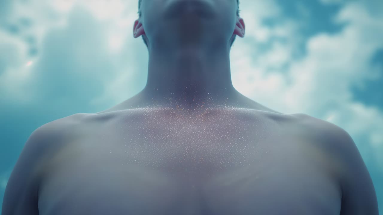 Starting low-angle framing, shirtless man tilting head up, observing cloudy sky with chest glitter