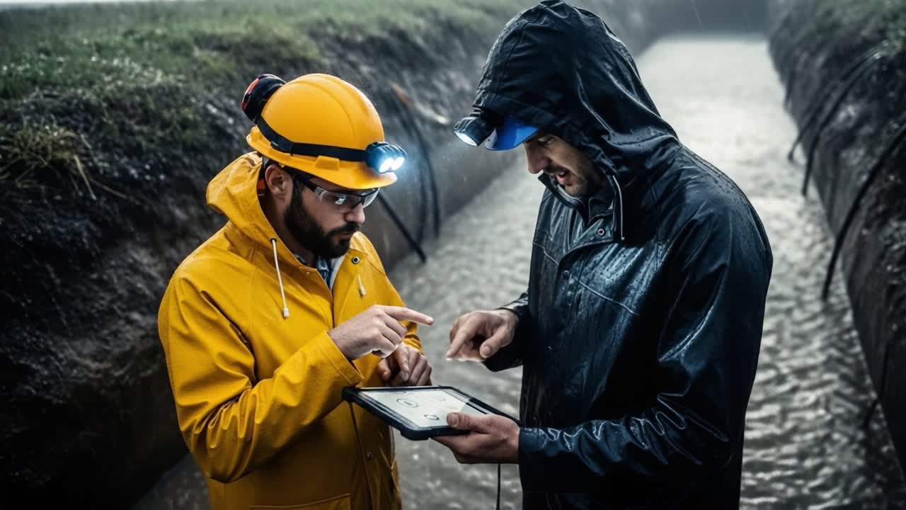 Two workers engaged in a focused discussion while monitoring environmental conditions using a tablet during a rainy day amidst a muddy trench.