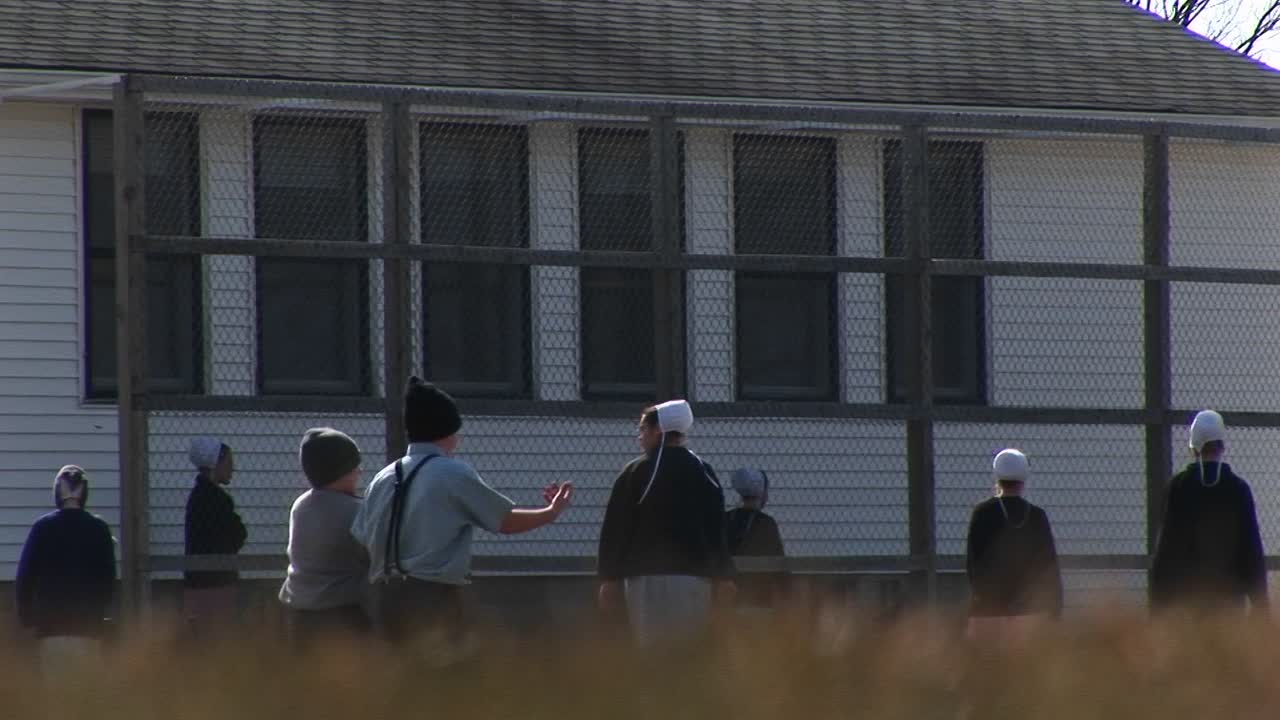 un grupo de niños amish juegan juntos antes de ir a la escuela y luego entran