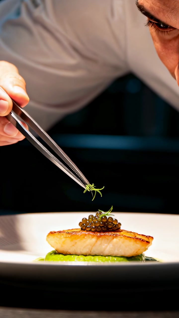 Professional Chef Meticulously Garnishing a Gourmet Fish Dish
