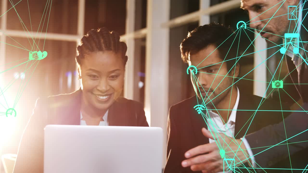 Animation of network of connections over happy diverse students using computers