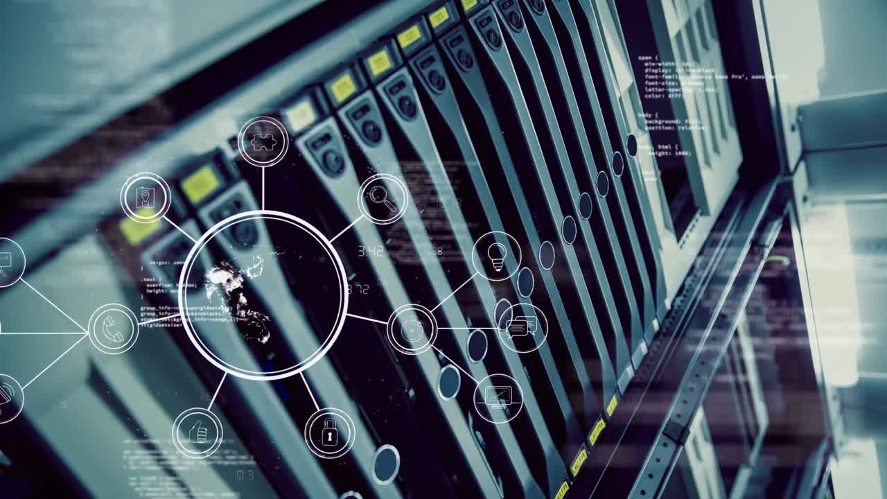 animación del procesamiento de datos y los iconos de los medios en la sala del servidor