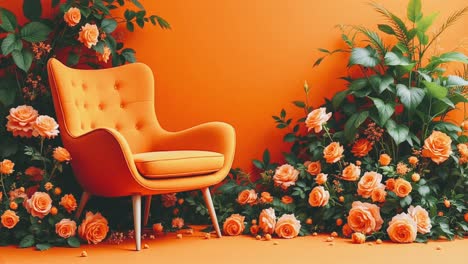 orange armchair surrounded by roses