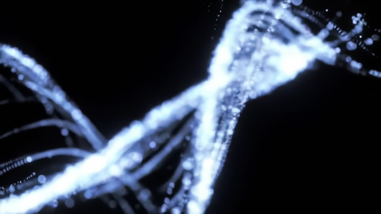 Mesmerizing Stream of Luminous Particles Exploring Fluid Dynamics in Ethereal Dark Background Captured in Stunning Detail