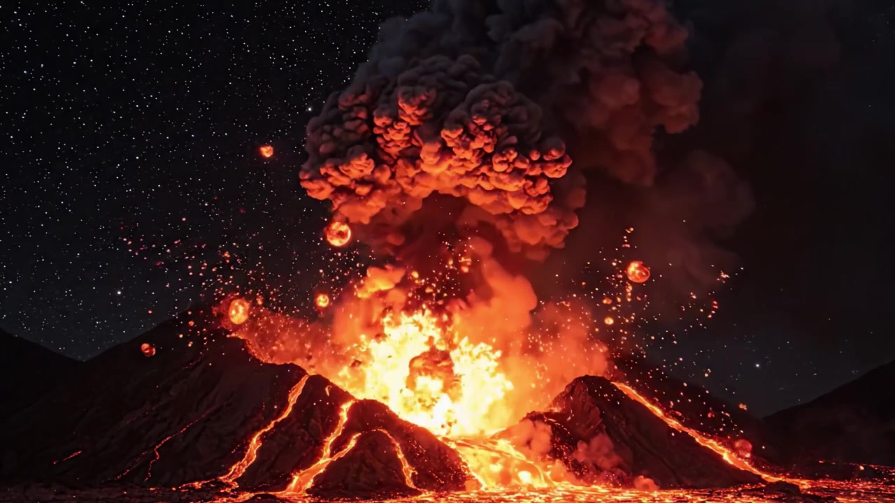 Et fantastisk vulkanutbrudd viser glødende lava som fosser ned fjellet, omgitt av en stjerneklar nattehimmel, og maler et ærefryktinngytende skue av naturens kraft