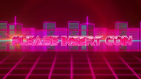 Animation-of-please-insert-coin-text-over-digital-city