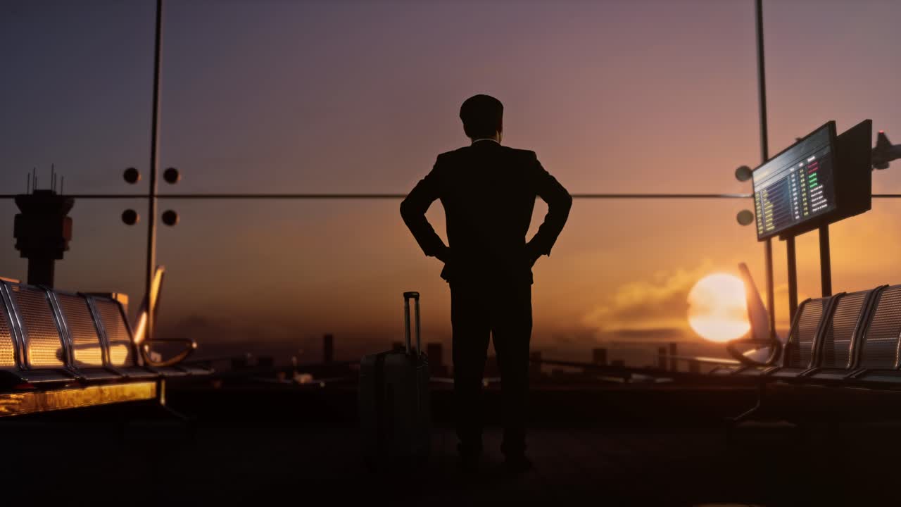 공항의 탑승 라운지에서 굴러가는 가방을 들고 있는 아시아 사업가, 팔을 고 서서 주위를 둘러보며, 해가 지면 비행기가 창문 밖에서 이륙합니다.