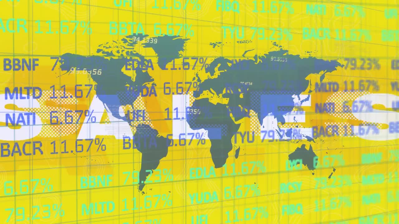 백색 문자로 단어 판매와 금융 주식 정보와 세계 지도의 애니메이션