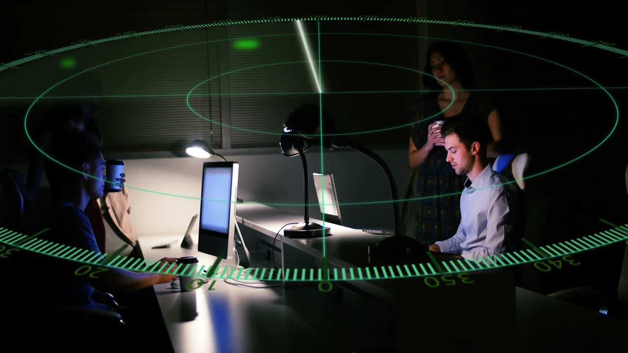 사무실에서 다양한 비즈니스 사람들에 대한 범위 및 데이터 처리의 애니메이션