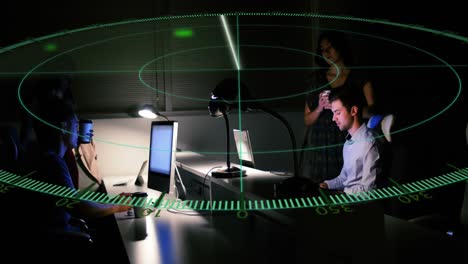 animation of scope and data processing over diverse business people in office