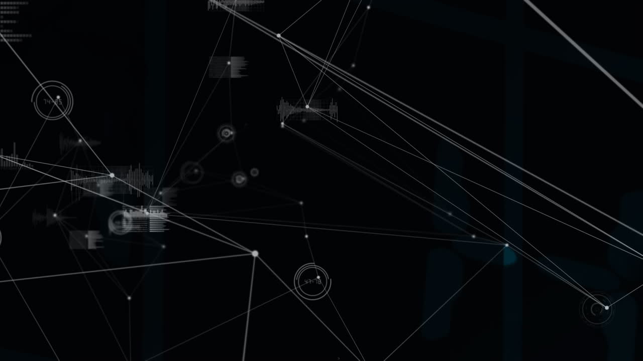 Animation of data processing over networks of connections on dark background clouds