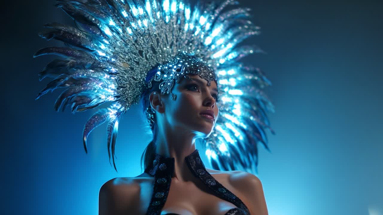 A mesmerizing display of elegance and artistry, featuring a stunning performer adorned with a radiant feathered headdress that illuminates the atmosphere with captivating colors and intricate designs