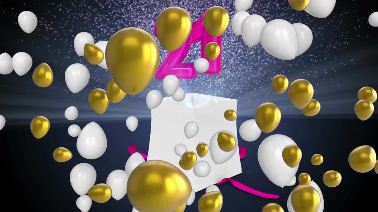 animación de globos blancos y dorados sobre la apertura de la caja de regalos, liberando el número rosa 21