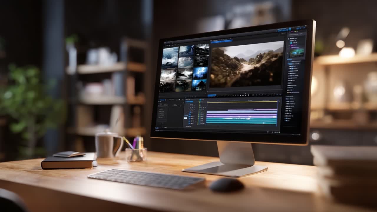 Un'area di lavoro moderna incentrata su un software di editor di video che mostra due fotogrammi di un progetto in corso su un elegante monitor di computer in un ambiente accogliente