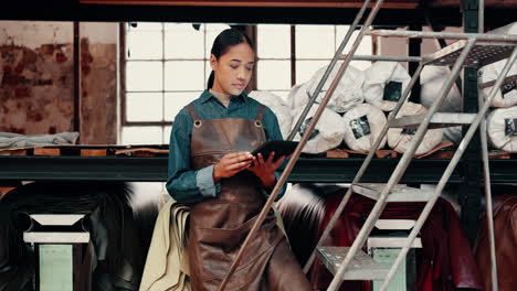 woman, factory and ladder by shelf for smile