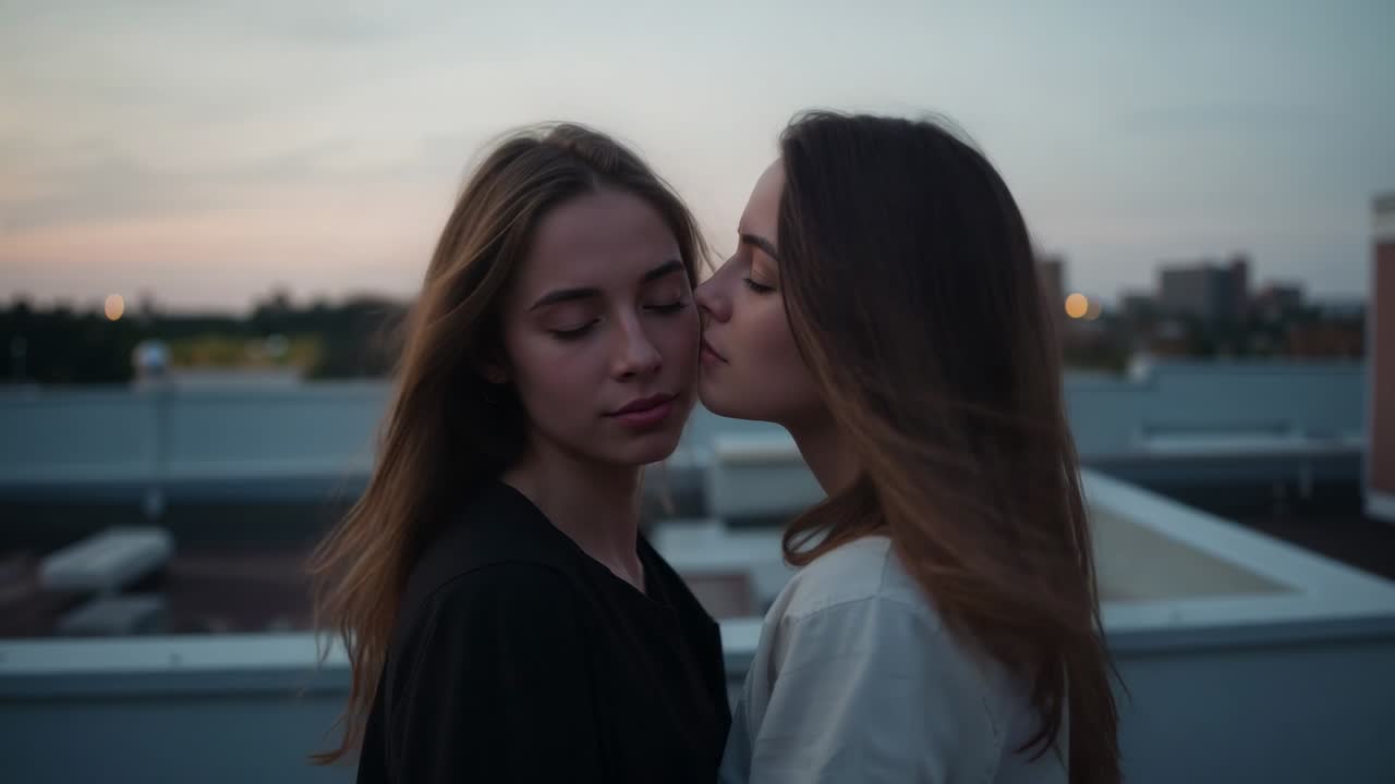Donna appoggiata vestita di bianco, con il tramonto come prompt, che si stringe a una donna vestita di nero, mostrando affetto su un parapetto
