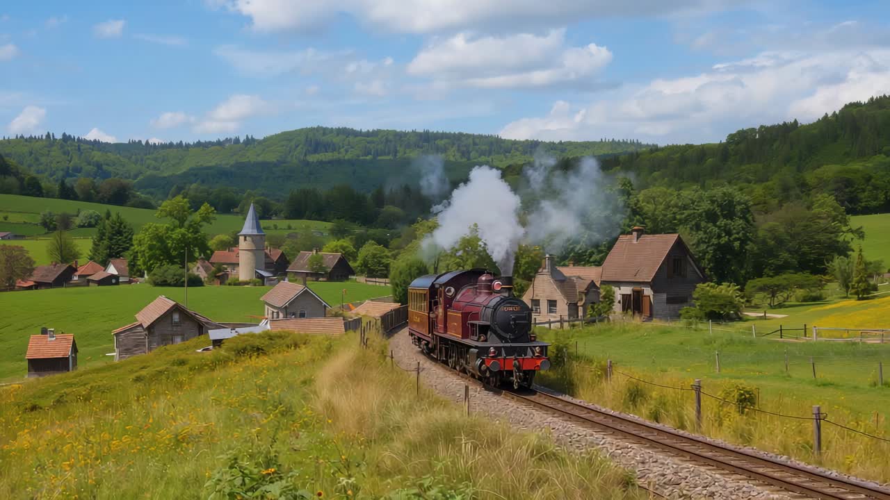 Approaching maroon locomotive and coach chugging round curve into rural village, passing pole
