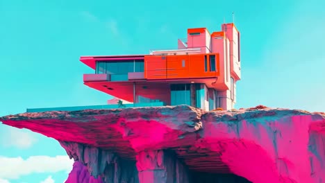 a house on top of a cliff with a blue sky in the background