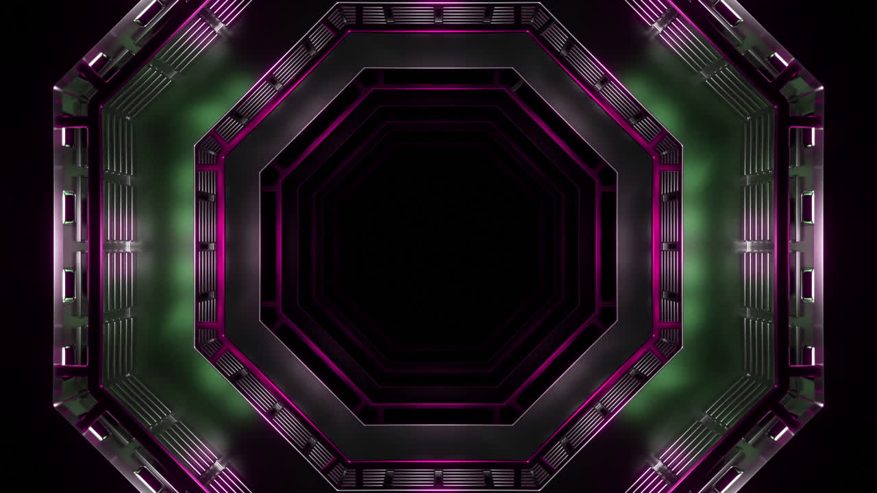 abstracto túnel octogonal futurista con luces de neón púrpura