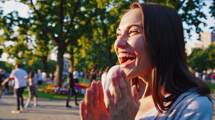 Giovane donna felice che ride e applaude in un parco soleggiato