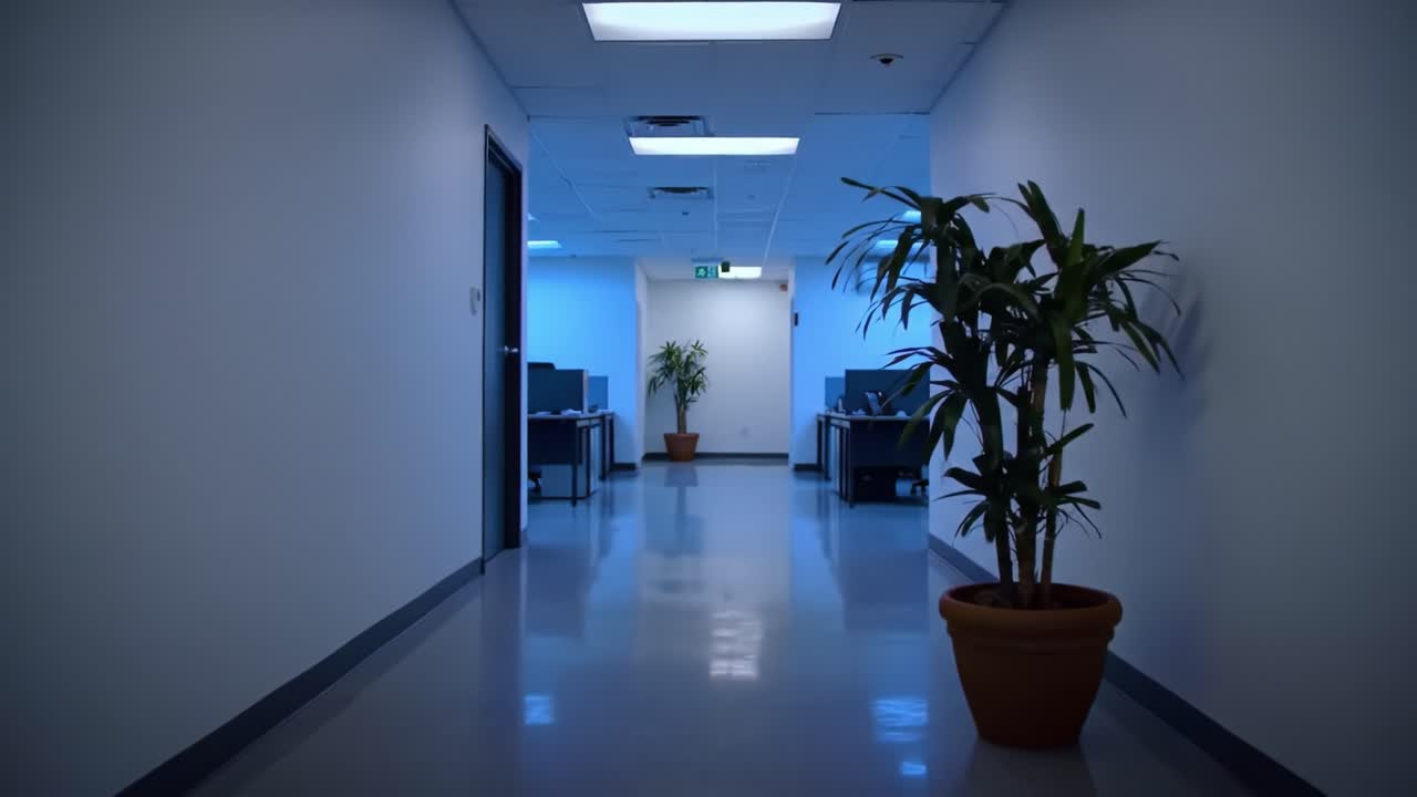 A Serene Office Corridor Captured in Two Frames: A Calm Space with Greenery and Blue Lighting that Defines Modern Workplace Aesthetics and Productivity