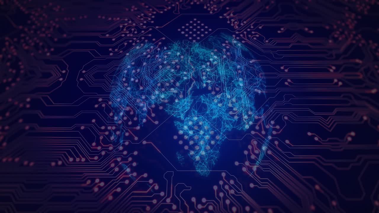 animación de las conexiones del microprocesador sobre un globo giratorio contra un fondo azul