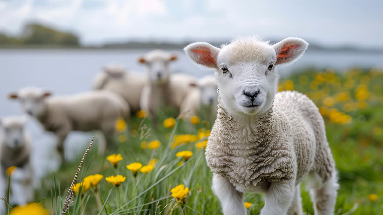 Lambs grazing in a flower-filled meadow. Young lambs enjoy a sunny day in a meadow near a calm lake, surrounded by vibrant yellow flowers