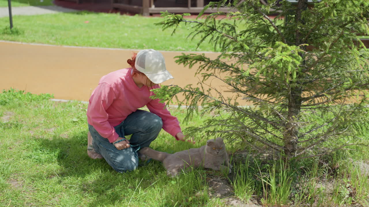 White Woman Tending Tree Roots, Park Gazebo And Walkway Background, Gloves And Cap, Removing Compacted Soil And Adding Mulch, Focused Urban Grounds Maintenance, Daytime Public Green Space