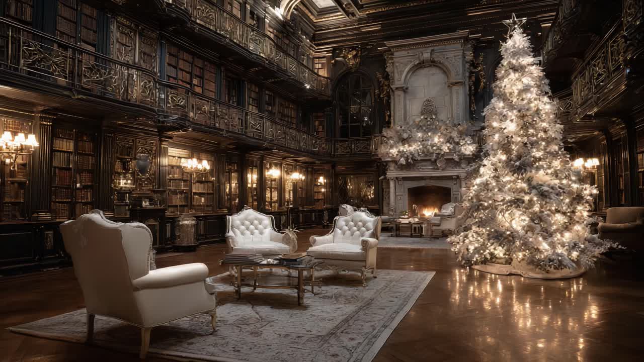 A Cozy, Elegantly Decorated Library During Christmas Featuring a Beautifully Adorned Tree and Classic Furnishings to Create an Inviting Holiday Atmosphere